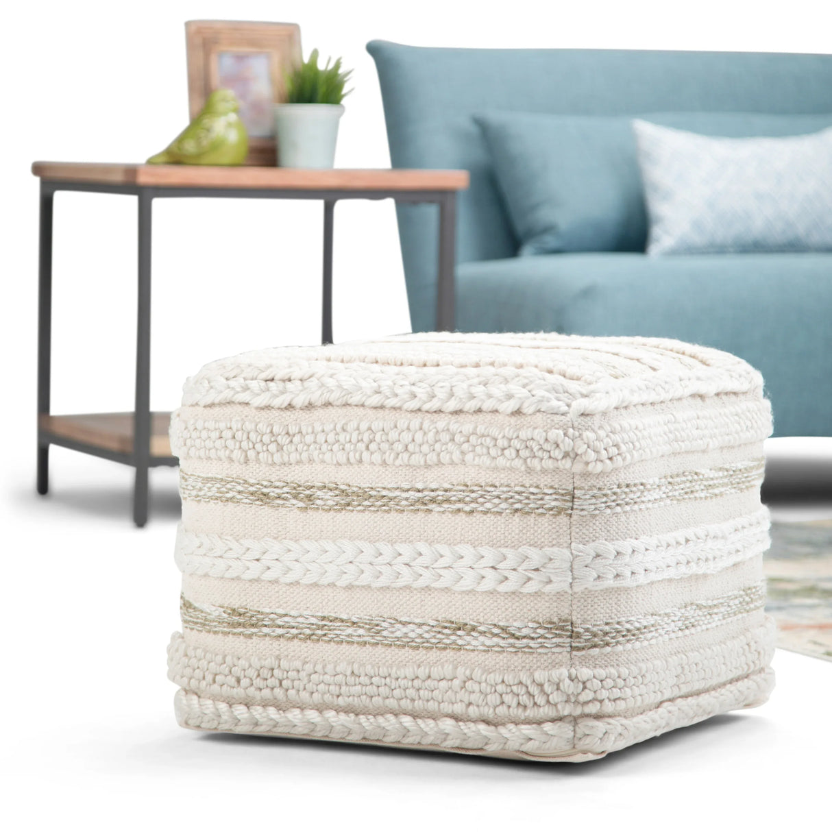 Woven Natural Fabric Square Pouf Accent Stool - Omega Lifestyles