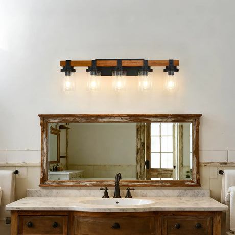 5-Light Matte Black Wood Glass Shade Wall Lamps - Omega Lifestyles