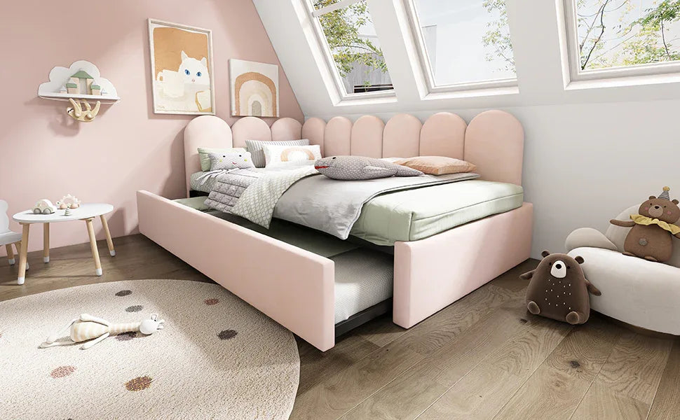 Pink Velvet Twin Daybed With Pull-Out Trundle Bed - Omega Lifestyles
