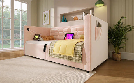 Twin Pink Velvet Upholstered Hydraulic Storage Bed Frame - Omega Lifestyles