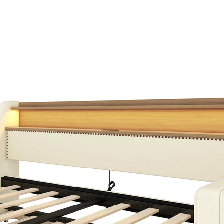 Twin Leather Upholstered Daybed With Trundle Charging Station - Omega Lifestyles