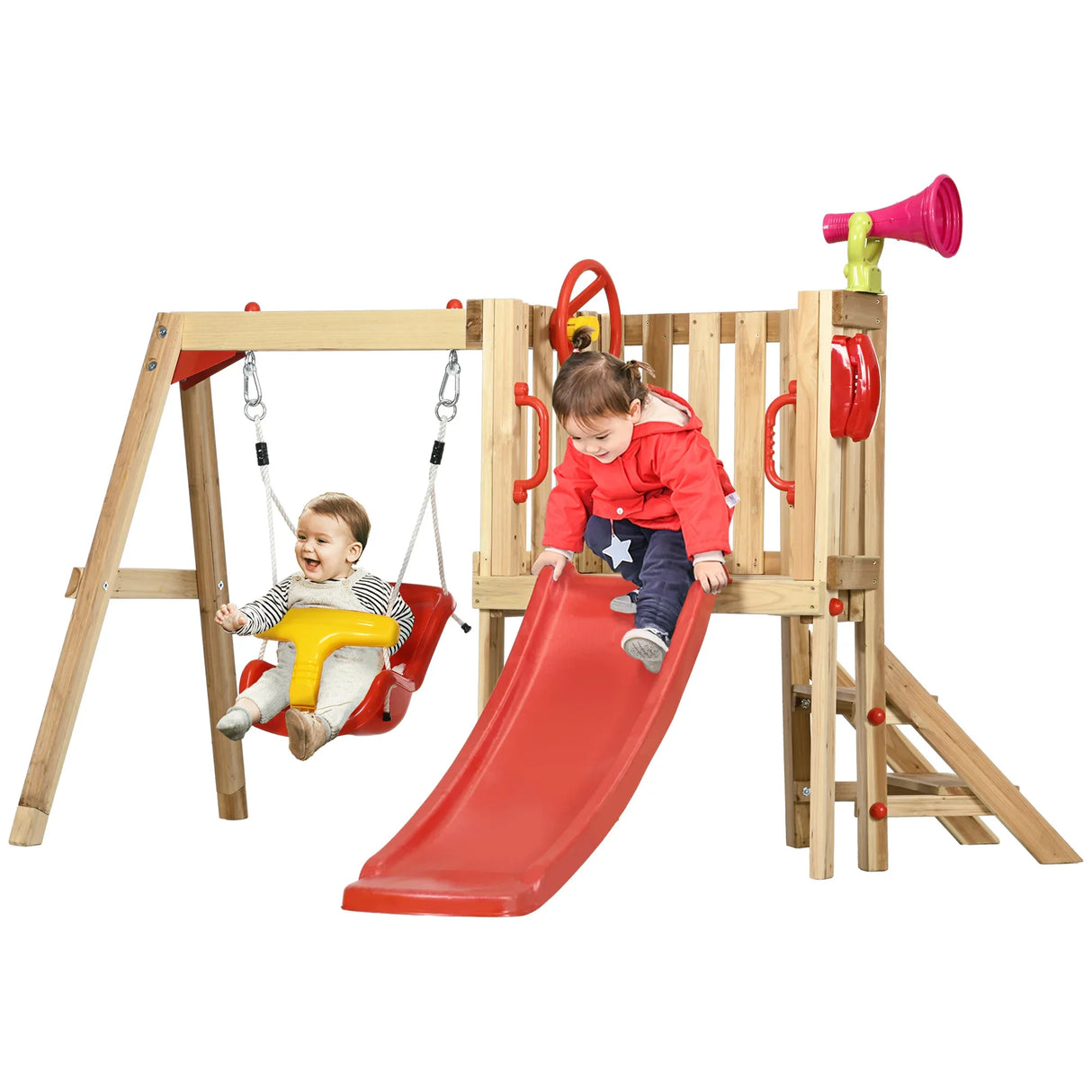 Wooden 4-in-1 Kids Swing Set With Slide And Horn - Omega Lifestyles