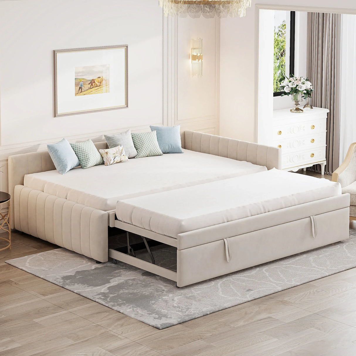 Full Upholstered L-Shaped Daybed With Twin Trundle - Omega Lifestyles
