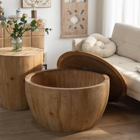 Vintage Barrel Shaped Fir Wood Storage Coffee Table - Sleep Galleria