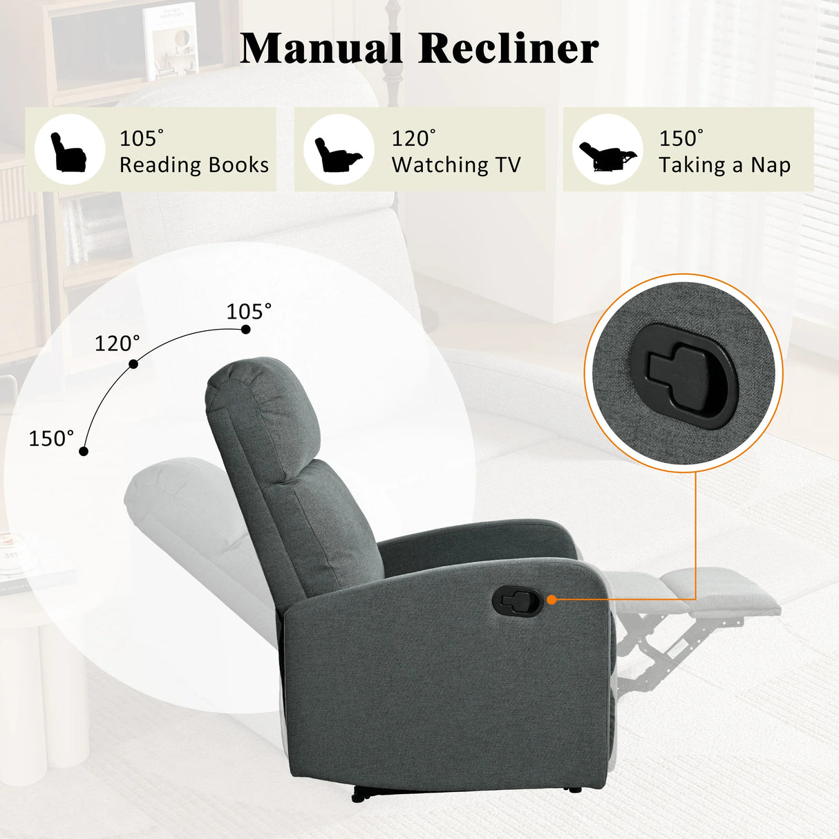 Manual Adjustable Recliner Chair Charcoal Polyester Upholstery - Omega Lifestyles