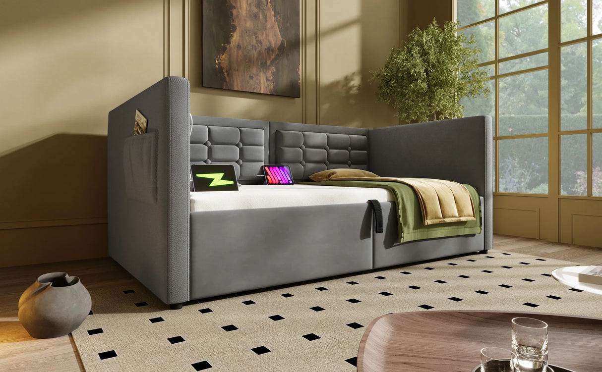Twin Gray Velvet Upholstered Hydraulic Storage Daybed With USB Charging - Omega Lifestyles