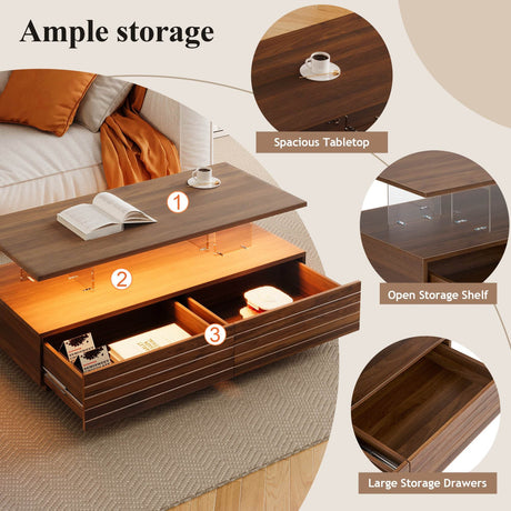 Modern Walnut Rectangle Coffee Table With LED Lights - Sleep Galleria