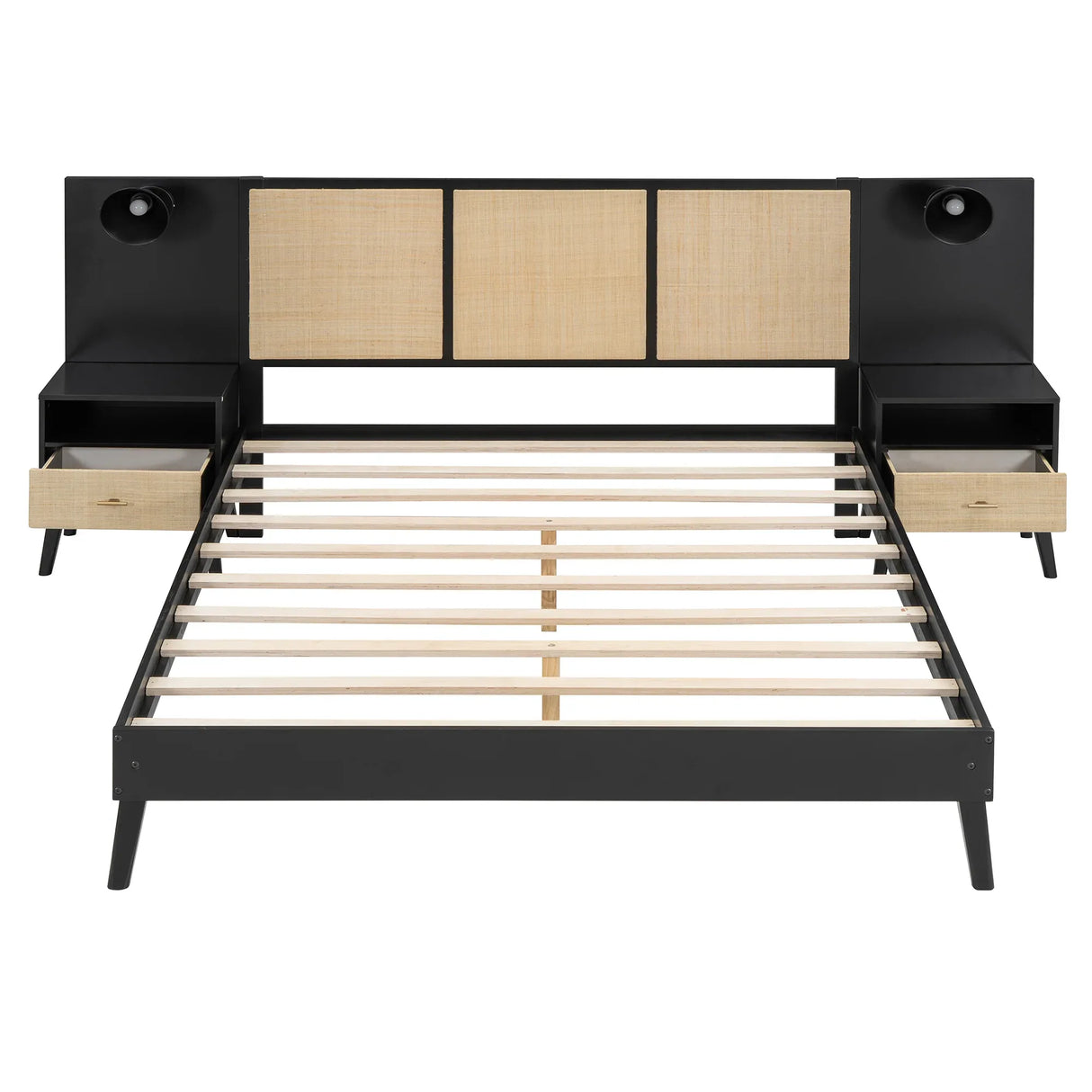 Queen Solid Wood Platform Bed Frame With Nightstands And Lamps - Omega Lifestyles