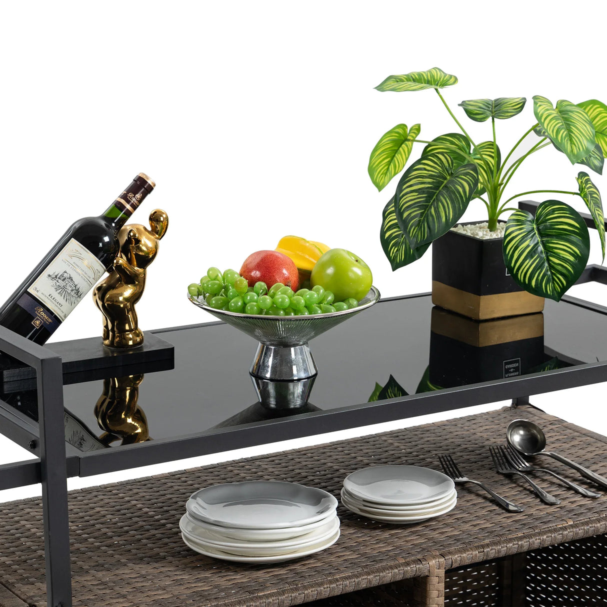 Outdoor Wicker Bar Cart With Glass Top And Wheels - Omega Lifestyles