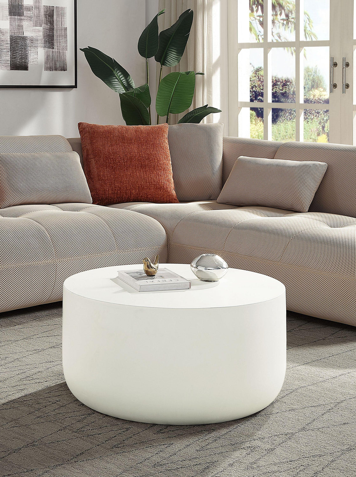 Natural White Round Cement Coffee Table Synthetic Wood - Omega Lifestyles