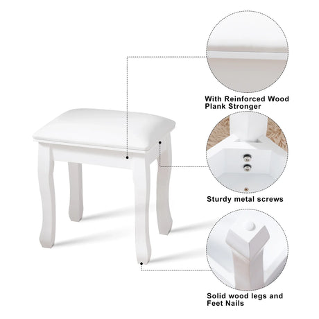 White Solid Wood Vanity Stool With Cushioned Seat - Omega Lifestyles