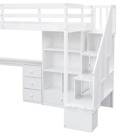 Twin Loft Bed With L-Shaped Desk Drawers Cabinet Staircase - Omega Lifestyles