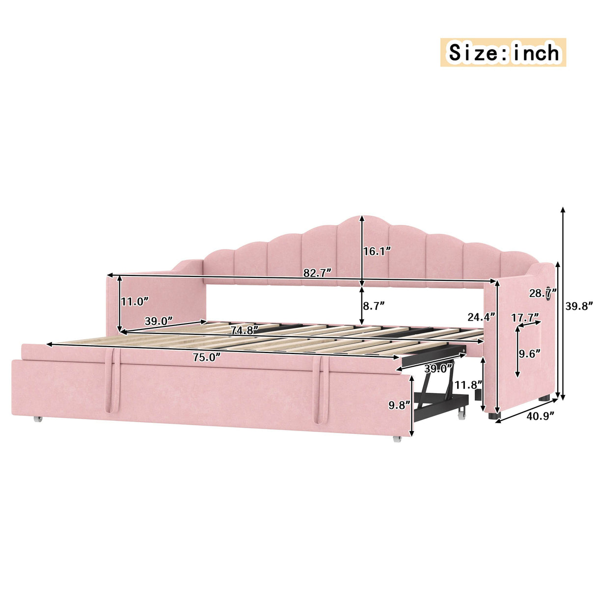 Upholstered Twin Velvet Daybed With Adjustable Trundle And Charging - Omega Lifestyles