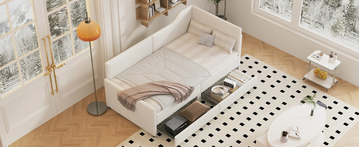 Twin L-Shaped Corduroy Upholstered Daybed With Storage Drawers - Omega Lifestyles