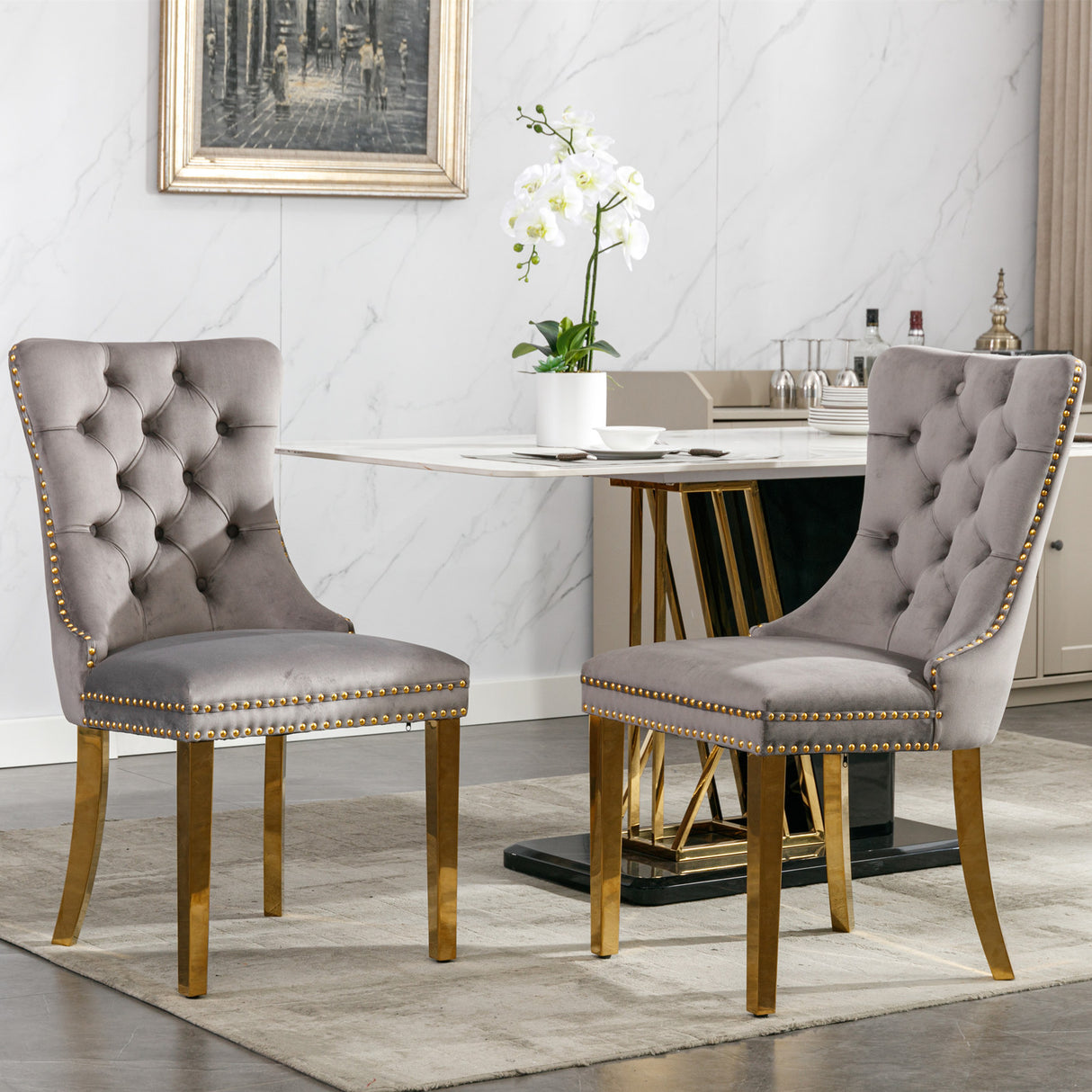 Set Of 2 Modern Velvet Upholstered Dining Chairs Gray