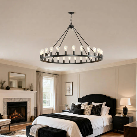 Farmhouse Matte Black Wagon Wheel 12-Light Chandelier - Omega Lifestyles