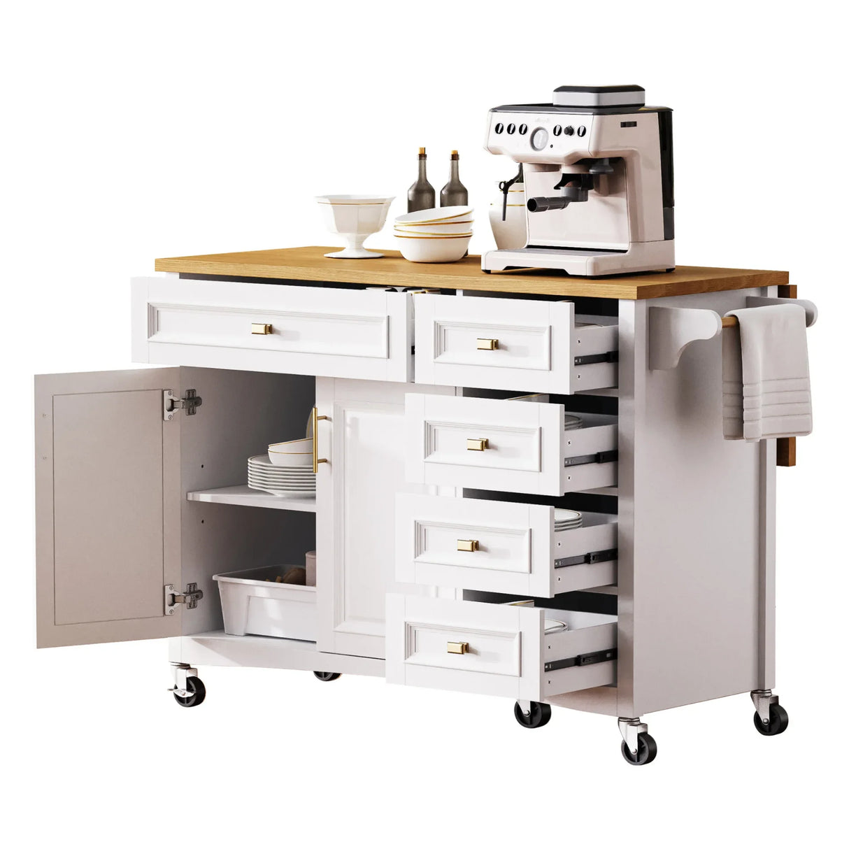 Classic Vintage Embossed White Kitchen Island On Wheels - Omega Lifestyles