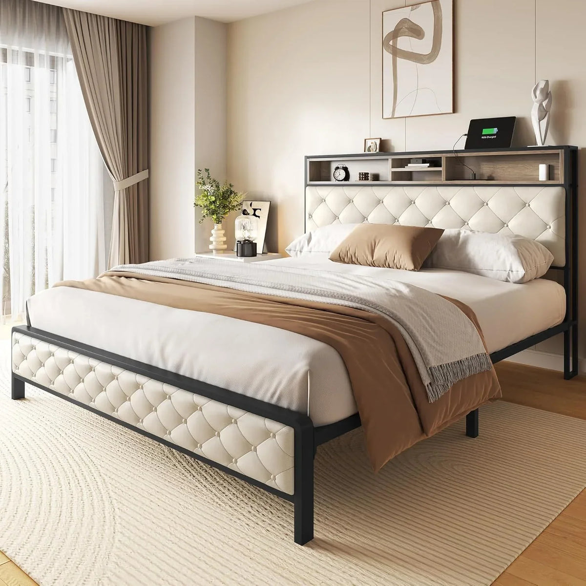 Queen Platform Bed Frame With Charging Station And Storage - Omega Lifestyles