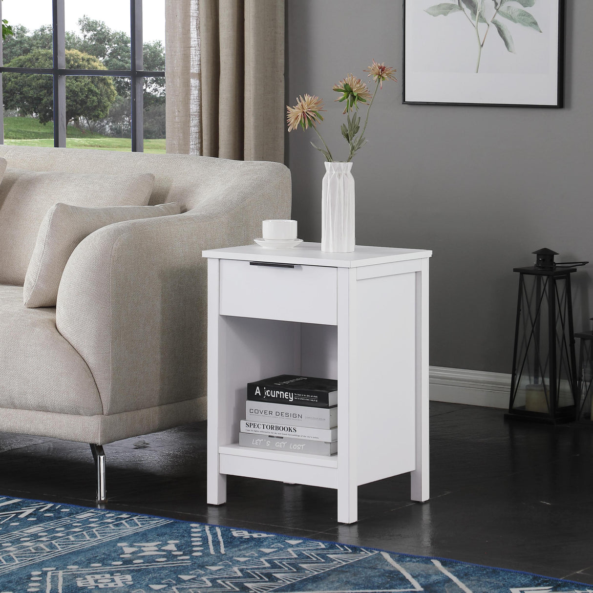 3-Tier White Particle Board Nightstand With Drawer