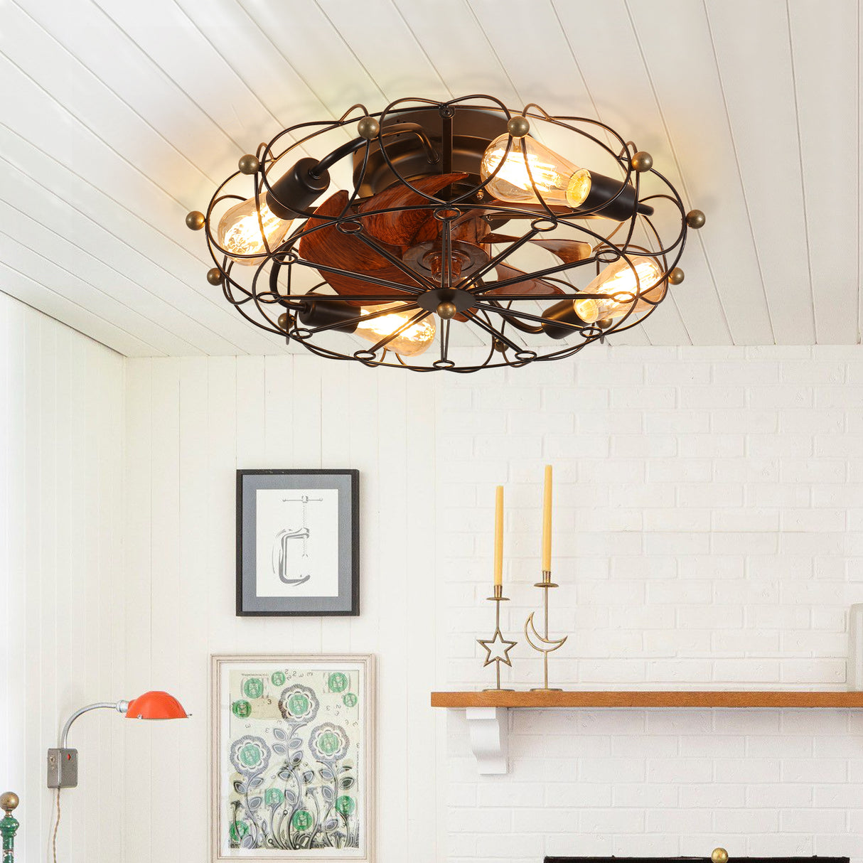 Modern Low Profile 20-Inch Caged Ceiling Fan With Lights