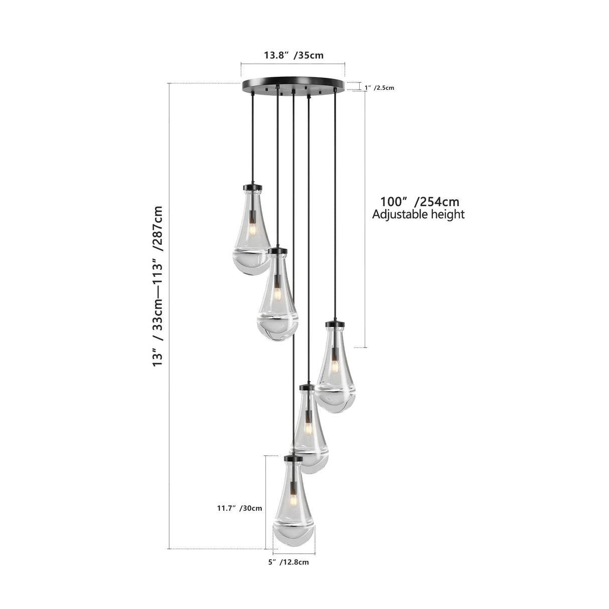5-Light Adjustable Raindrop Glass Cluster Pendant Chandelier - Omega Lifestyles