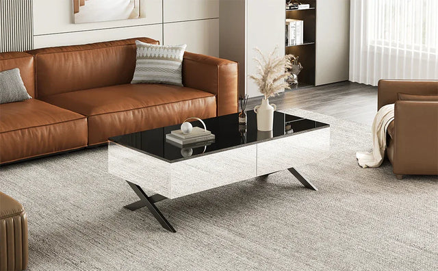 Rectangular Mirrored Coffee Table With Metal Base Storage - Omega Lifestyles