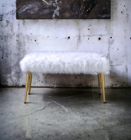 White Faux Fur Armless Backless Gold Finish Bench - Omega Lifestyles