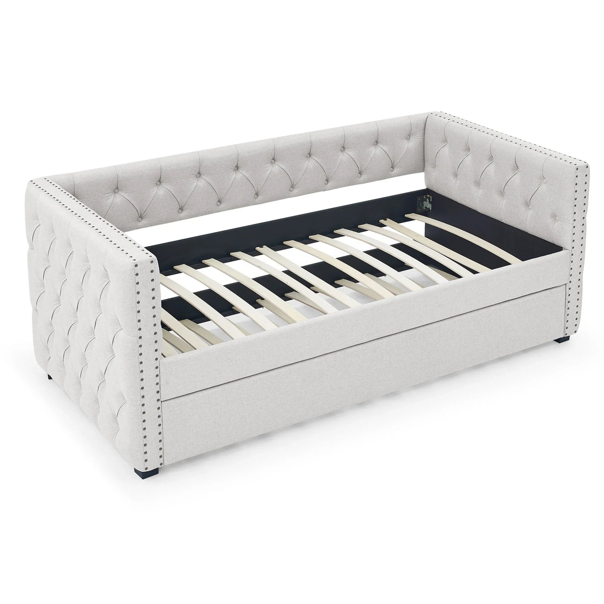 Mid-Century Linen Upholstered Tufted Twin Daybed With Trundle - Omega Lifestyles