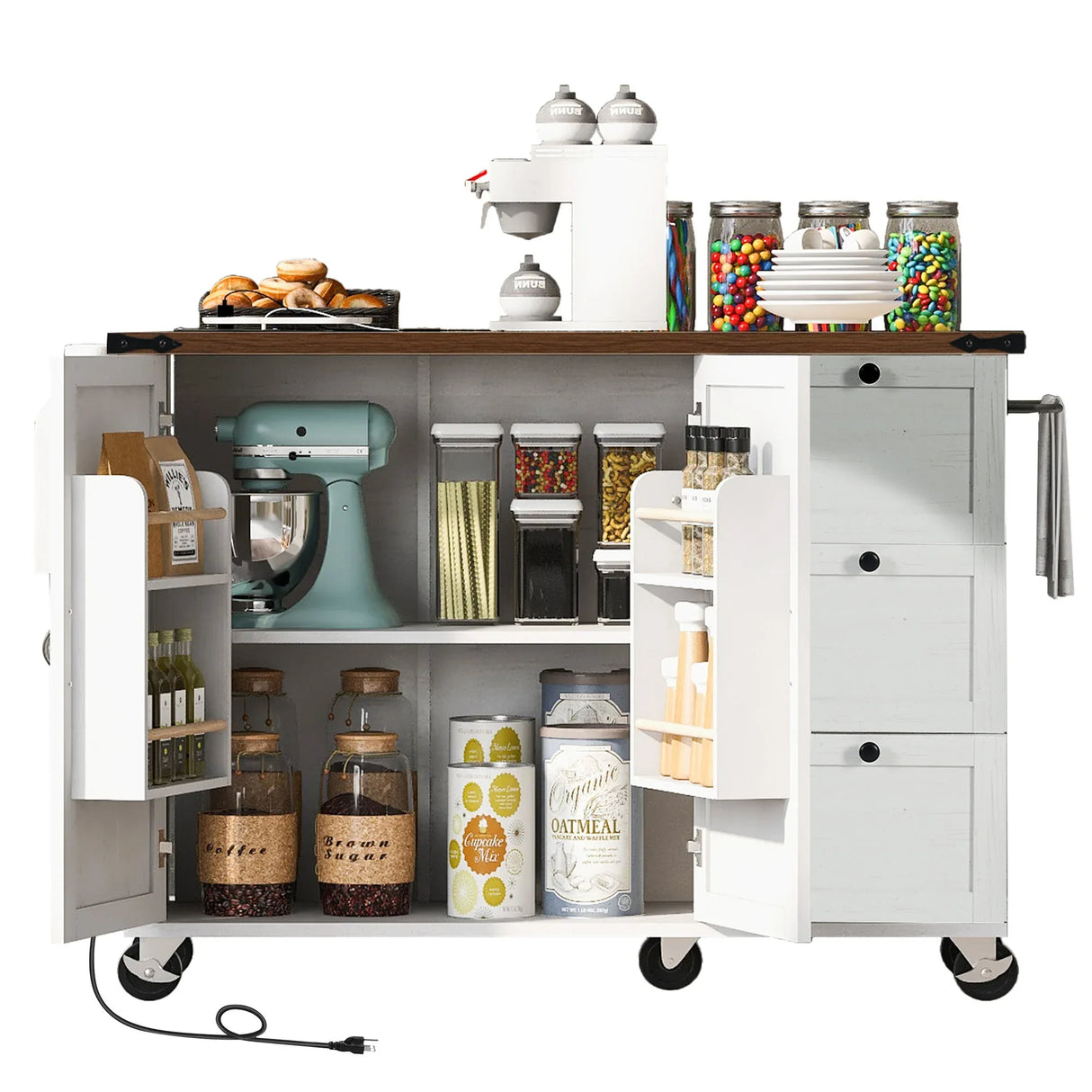 Farmhouse Kitchen Island Cart With Power Outlet - Omega Lifestyles