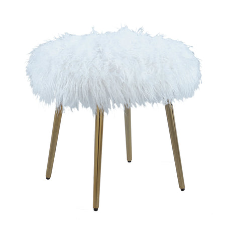 White Faux Fur Glamour Accent Ottoman With Rose Gold Legs - Omega Lifestyles