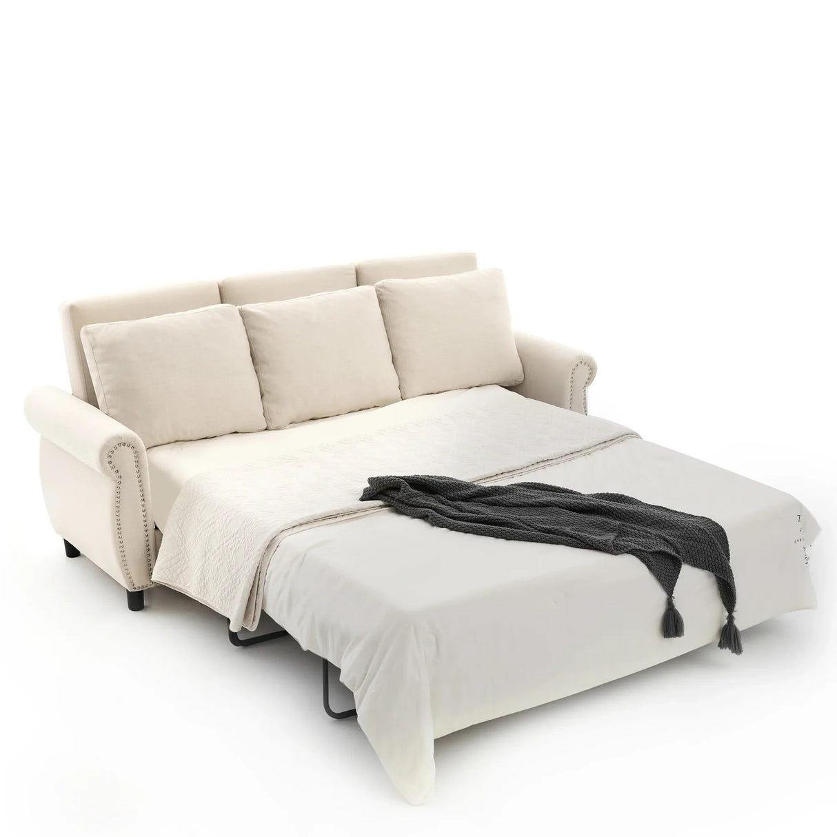 Medium-Firm Linen Sleeper Sofa Bed With Pull-Out Mattress - Omega Lifestyles