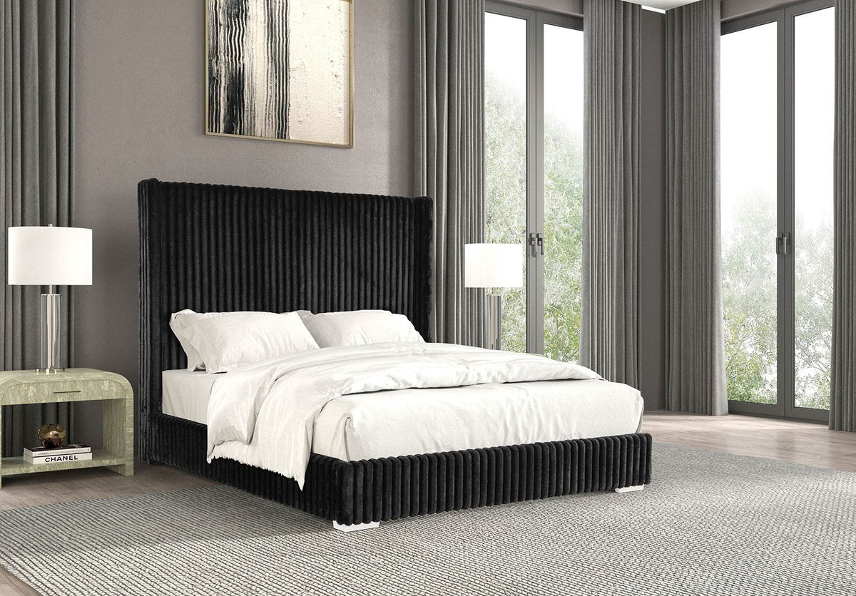 Contemporary Queen Black Fur Chenille Fabric Bed Frame