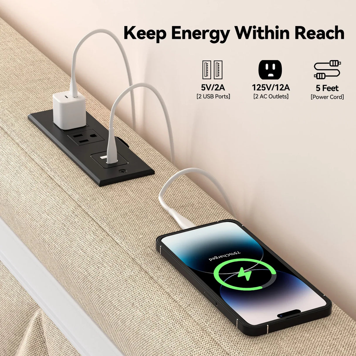 Queen Adjustable Faux Leather Bed Frame With Charging Station - Omega Lifestyles