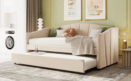 Upholstered Twin Daybed With Trundle And Wood Slats - Omega Lifestyles