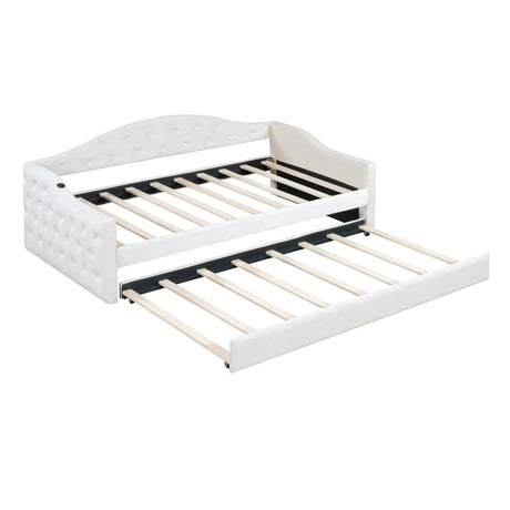 Twin Velvet Tufted Upholstered Daybed With Trundle And USB Charging - Omega Lifestyles