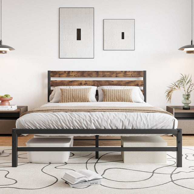 Queen Platform Bed Frame With Rustic Wood Headboard - Omega Lifestyles