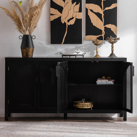 Modern Black MDF Rattan Storage Sideboard Cabinet - Omega Lifestyles