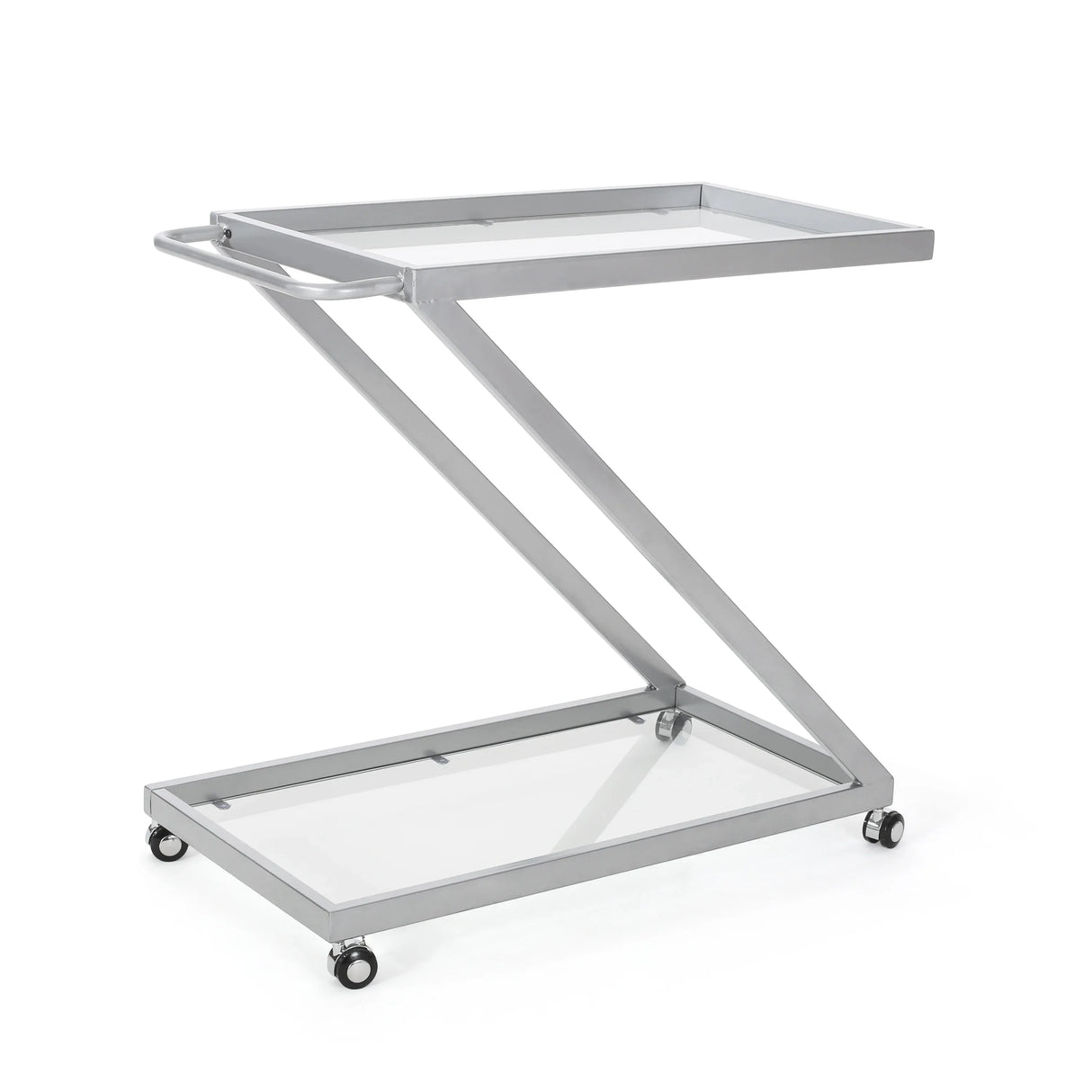 Modern Z-Shaped Silver Glass And Metal Bar Cart - Omega Lifestyles