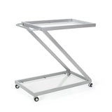 Modern Z-Shaped Silver Glass And Metal Bar Cart - Omega Lifestyles