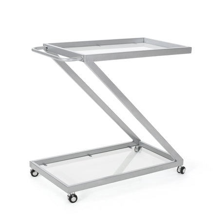 Modern Z-Shaped Silver Glass And Metal Bar Cart - Omega Lifestyles
