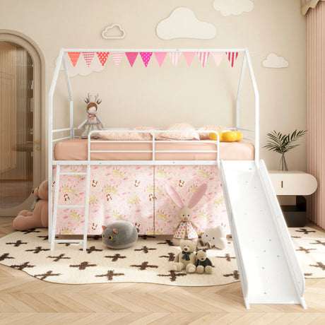 Twin Metal Junior House Bunk Bed With Slide and Curtain - Omega Lifestyles