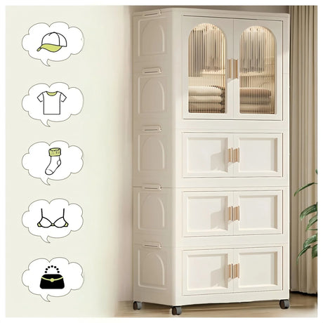 Folding Plastic Wardrobe Cabinet With Wheels and Hangers - Omega Lifestyles