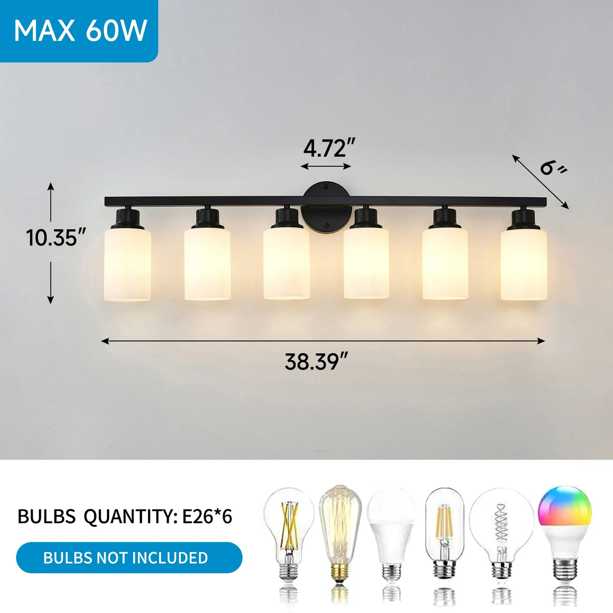 Matte Black Glass Shade 6-Light Wall Sconce Lighting - Omega Lifestyles