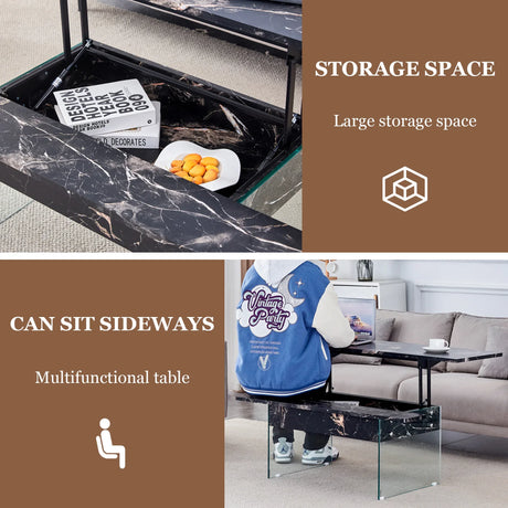 Lift-Top Coffee Table With Storage Black Marble Glass - Omega Lifestyles