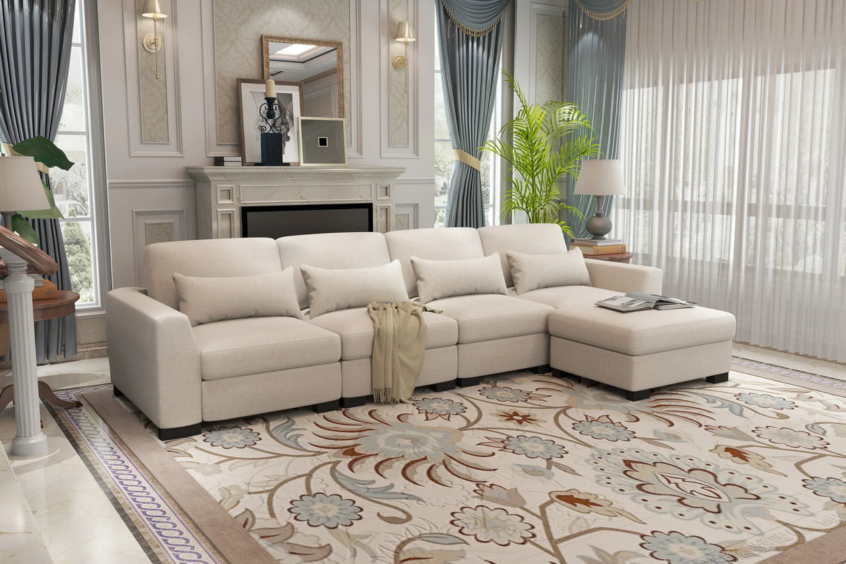 Beige Modular L-Shaped 5-Seat Foam Cushion Sofa With Ottoman - Omega Lifestyles