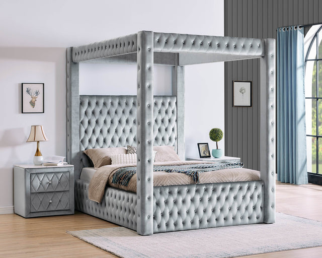 Modern Gray Velvet Upholstered Four-Poster King Bed Frame - Omega Lifestyles