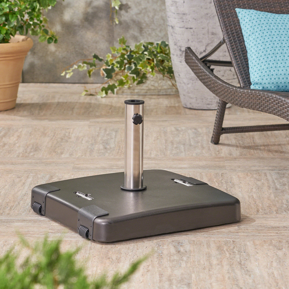 Concrete Square Outdoor Umbrella Base With Stainless Steel Collar