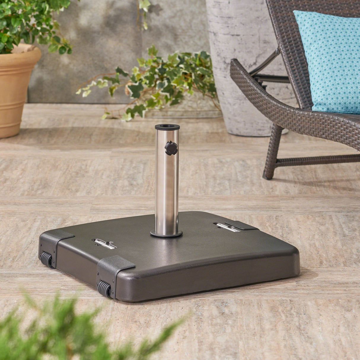 Concrete Square Outdoor Umbrella Base With Stainless Steel Collar