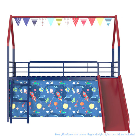 Twin Metal Junior House Loft Bed With Slide And Curtain - Omega Lifestyles