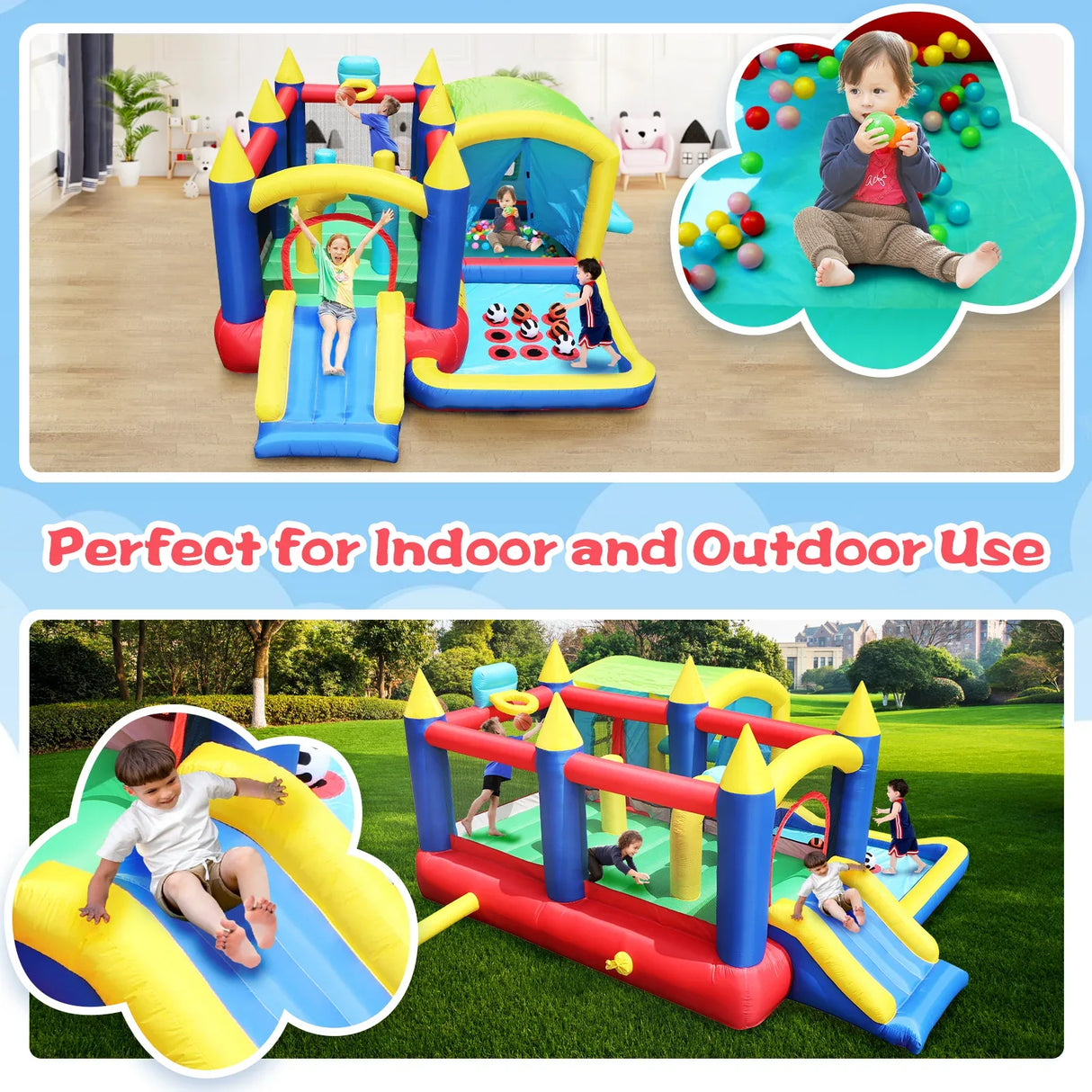 7-in-1 Inflatable Bounce House With Ball Pit Obstacles - Omega Lifestyles